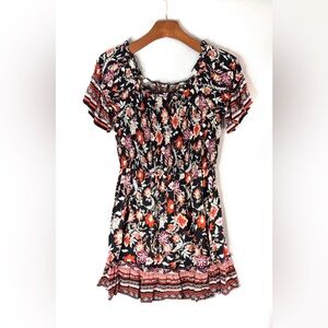 Band of Gypsies S Whimseygoth Smocked Bodice Floral Mini Dress - Black and Red